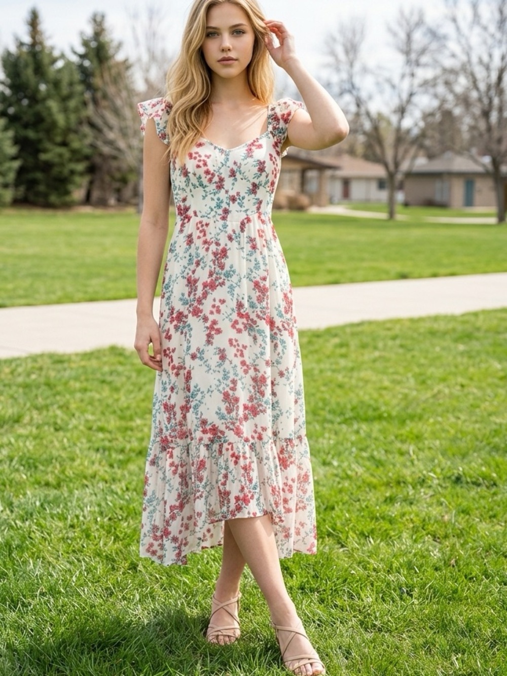 Better Together Elegant Floral Ruffle Sleeve Dress